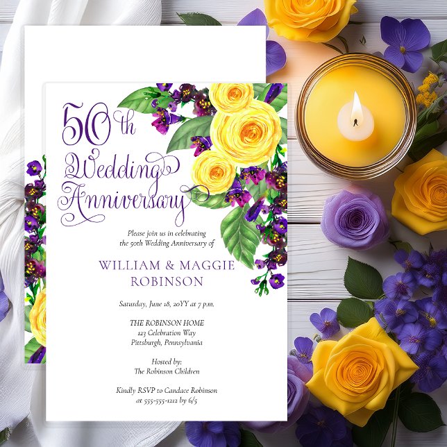 Yellow Roses Violet 50th Wedding Anniversary Party Einladung (Elegant Yellow Roses and Purple Violets Floral 50th Wedding Anniversary Invitation - Print | Digital)