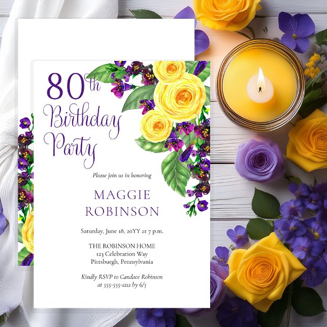 Yellow Roses Violet 80. Wedding Birthday Party Einladung (Elegant Yellow Roses and Purple Violets Floral 80th Birthday Party Invitation - Print | Digital)