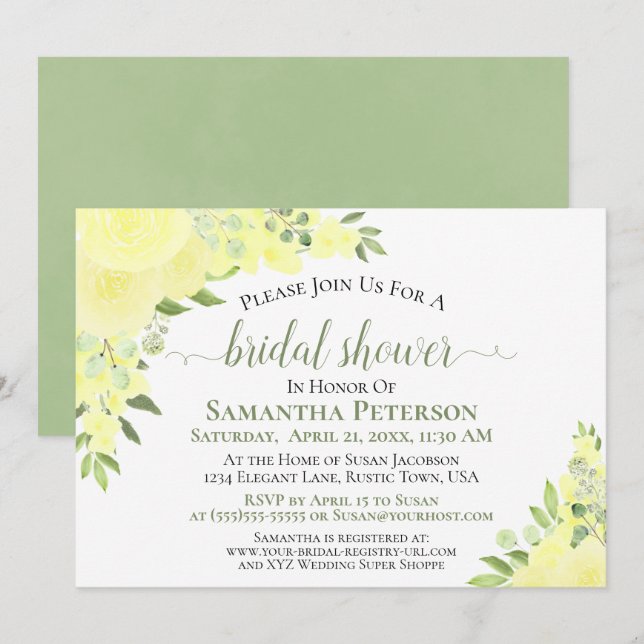 Yellow Roses Watercolor Boho Brautparty Einladung (Vorne/Hinten)
