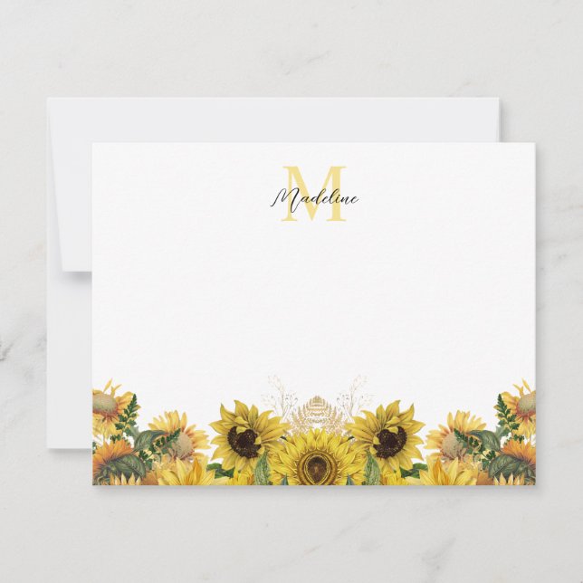 Yellow Rustic Sunflower Floral Script Monogram Mitteilungskarte (Vorderseite)