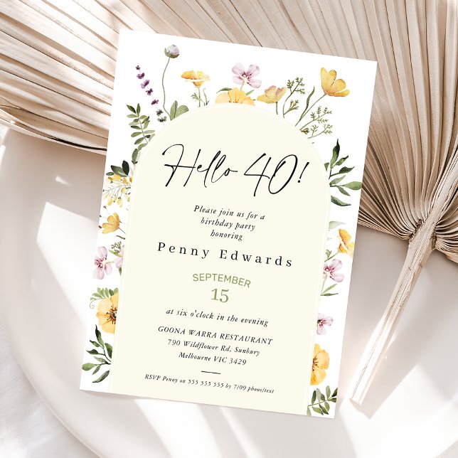 Yellow Rustic Wildblumen Hallo 40 40. Geburtstag Einladung (40th Birthday Invitation, Hello Forty Boho Birthday Invite, Editable Template, Modern Wildflowers)