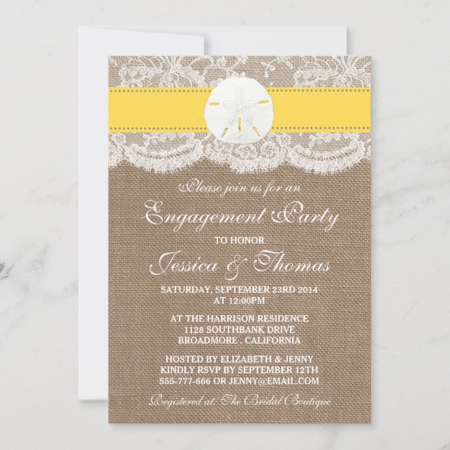 Yellow Sand Dollar Beach Engagement Party Einladung (Vorderseite)