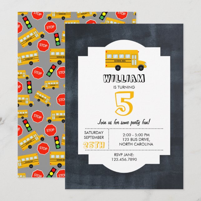 Yellow School Bus Chalkboard Kindergeburtstag Einladung (Vorne/Hinten)
