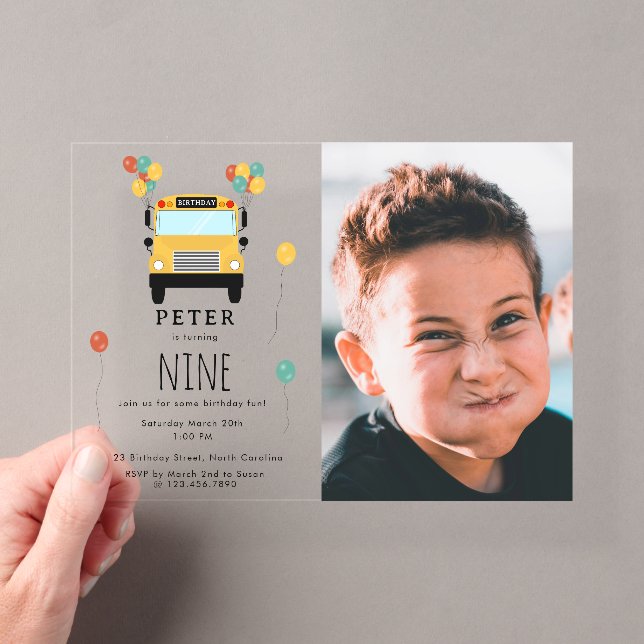 Yellow School Bus Kids Birthday Party Custom Photo Acryleinladungen (Insitu (Handheld))