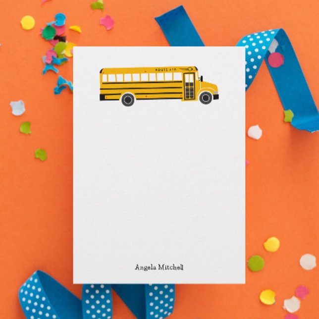 Yellow School Bus Personal Stationery Flat Cards Dankeskarte (fun personalized yellow school bus flat note card stationery with custom name and route number)