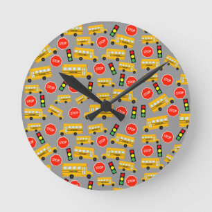 Yellow School Bus Stop Sign Traffic Lights Pattern Runde Wanduhr