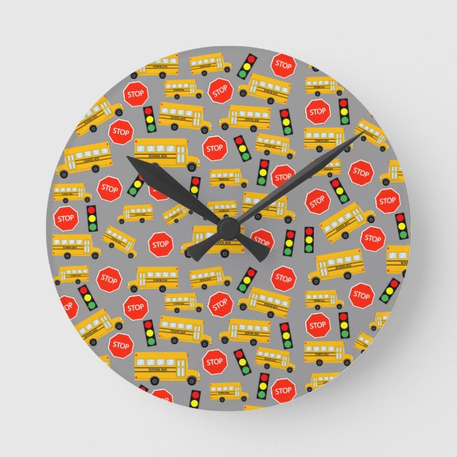 Yellow School Bus Stop Sign Traffic Lights Pattern Runde Wanduhr (Vorderseite)