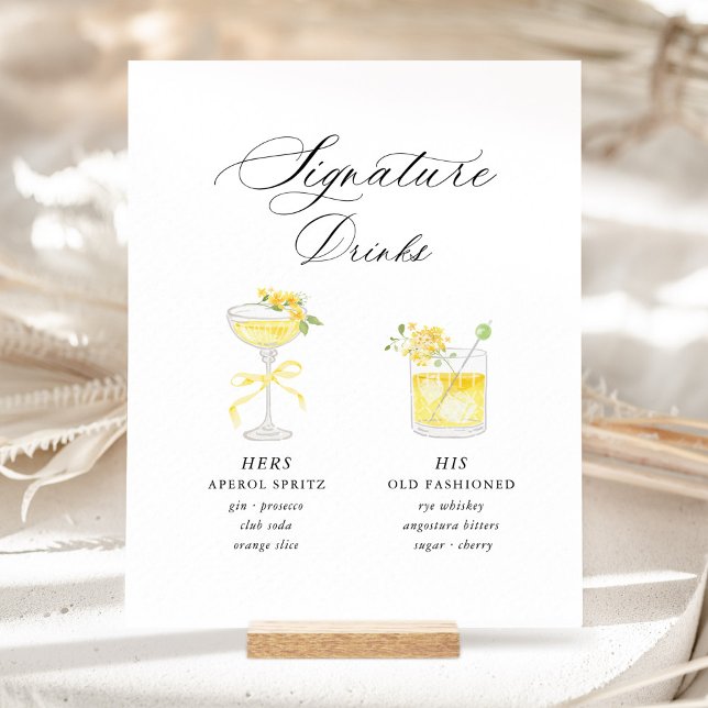 Yellow Signature Drinks Wedding Sockelschild (Yellow Floral Signature Drinks Wedding Sign, His & Hers Cocktail Menu, Romantic Garden Wedding Bar)