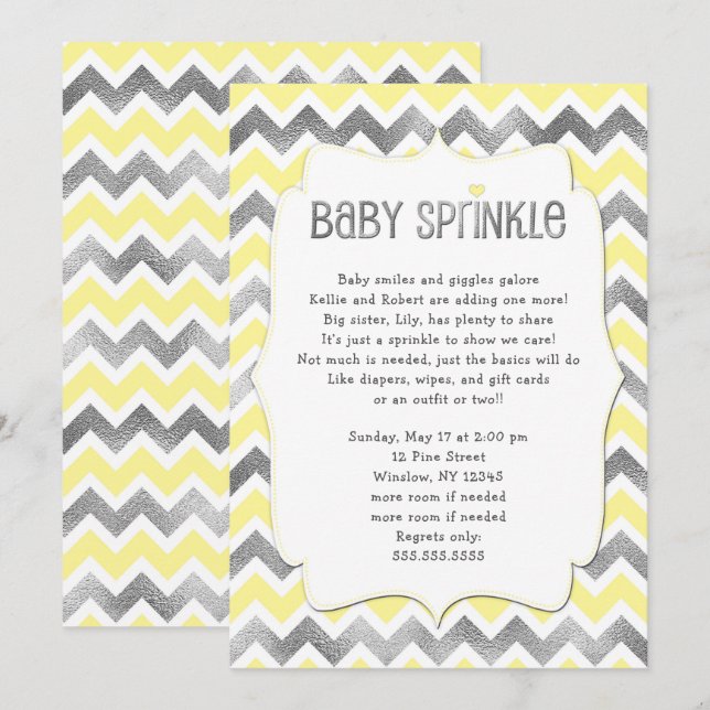 Yellow Silver Baby Sprinkbaby Dusche Einladung (Vorne/Hinten)