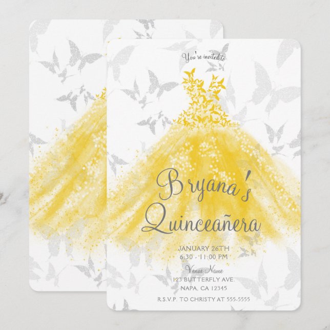 Yellow Silver Butterfly Dance Dance Dance Quinceañ Einladung (Vorne/Hinten)