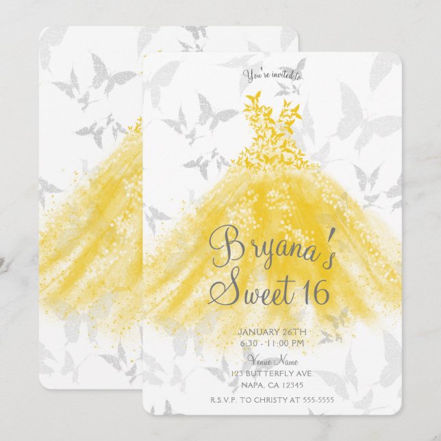 Yellow Silver Butterfly Dance Dress Sweet 16 Party Einladung (Vorne/Hinten)