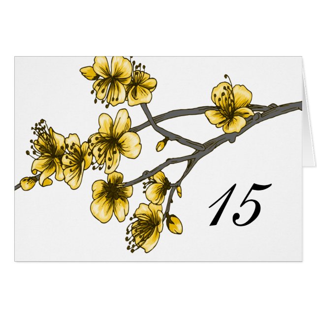 Yellow Simple Cherry Blossoms Tischnummer Card (Vorderseite (Horizontal))