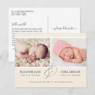 Yellow Simple Twins Foto Geburtsankündigung Postkarte