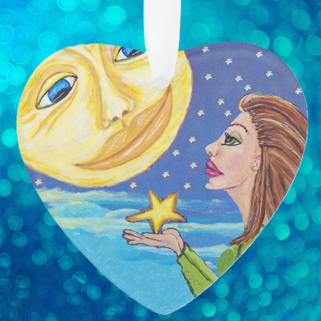 Yellow Smilam Moon Face Stars Fantasy Woman Ornament (Woman holding star moon with smiling face  blue sky with stars clouds on heart shaped ornament.)