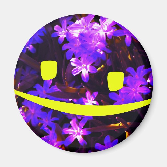 Yellow Smiley visage sur Blue Flowers Magnet (Devant)