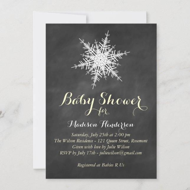 Yellow Snowflake Baby Dusche auf Chalk Einladung (Vorderseite)