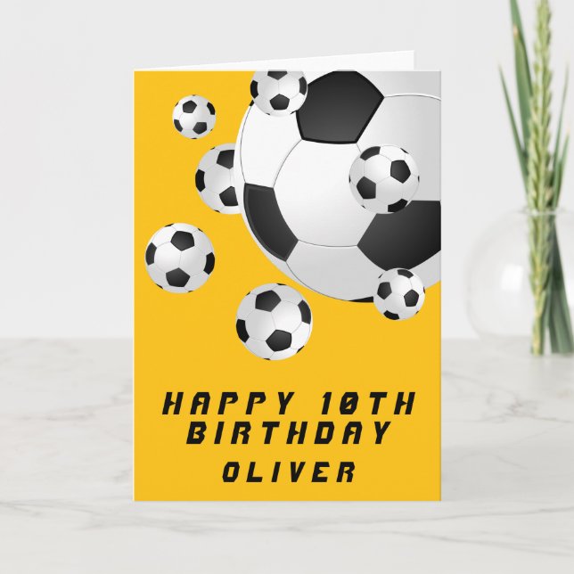 Yellow Soccer Football Ball Boy Happy Birthday Karte (Vorderseite)