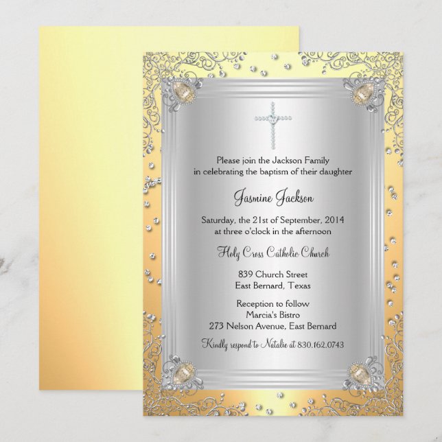 Yellow Sparkle Jewel Baptisse/Christening Invite Einladung (Vorne/Hinten)