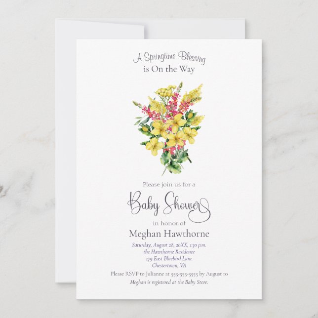 Yellow Springtime Florals Baby Dusche Einladung (Vorderseite)