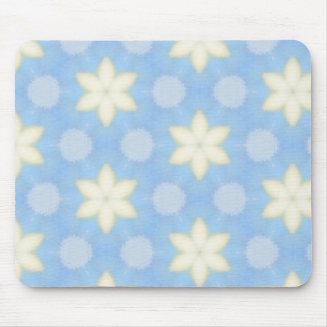 Yellow stars on blue geometric pattern mousepad (Vorne)