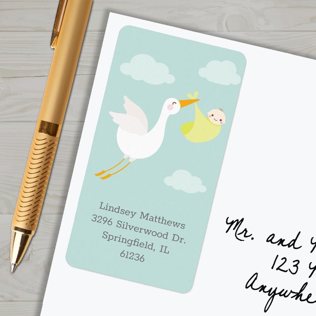 Yellow Stork Bundle Baby Dusche Rücksendeadresse Adressaufkleber (Yellow stork bundle unisex baby shower return address labels)