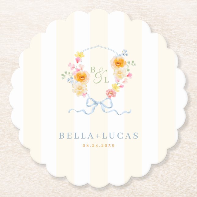 Yellow Stripe Floral Crest Monogram Spring Wedding Untersetzer (Vorderseite)