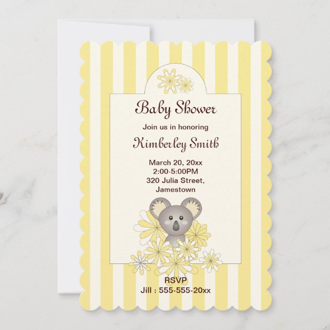 Yellow Stripe Koala Gender Neutral Baby Dusche Einladung (Vorderseite)