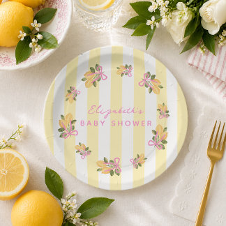 Yellow Stripe Pink Lemon Baby Shower Pappteller