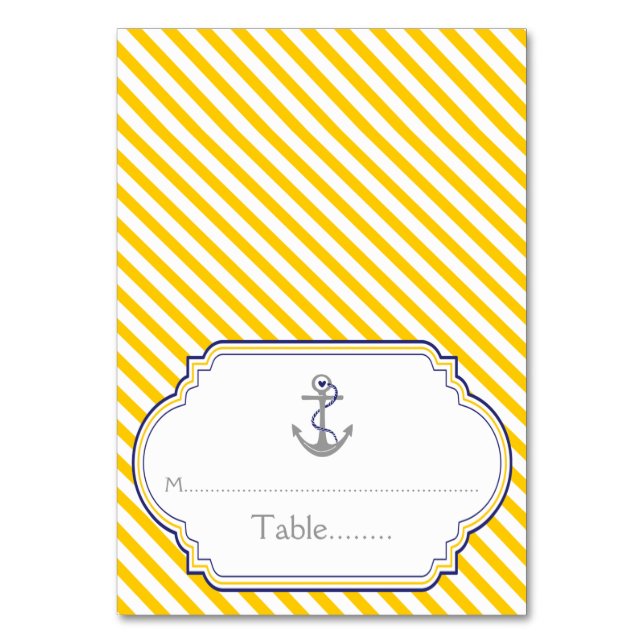 Yellow stripes anker nautische Hochzeitskarte Tischnummer (Vorderseite)