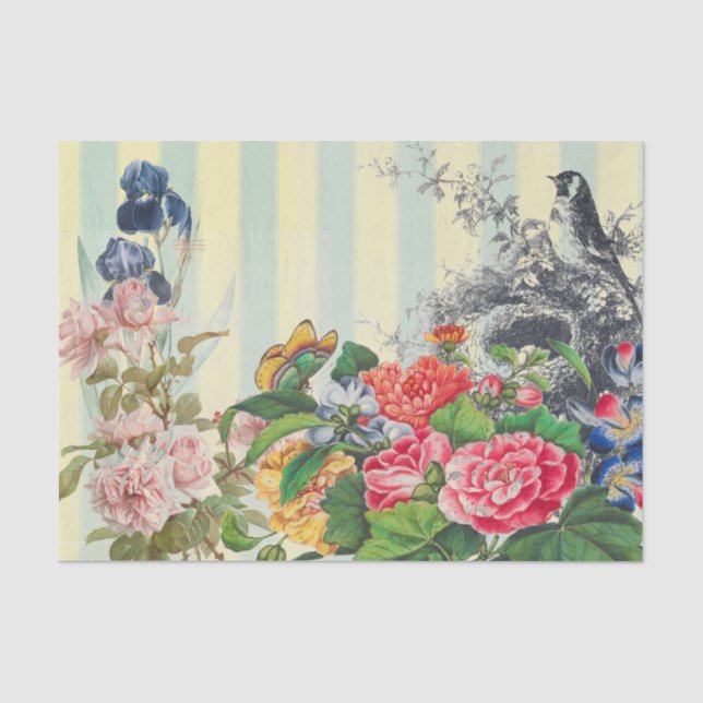 YELLOW STRIPES BLUME UND EIN BIRD-TISSUPAPIER SEIDENPAPIER (Vorderseite)