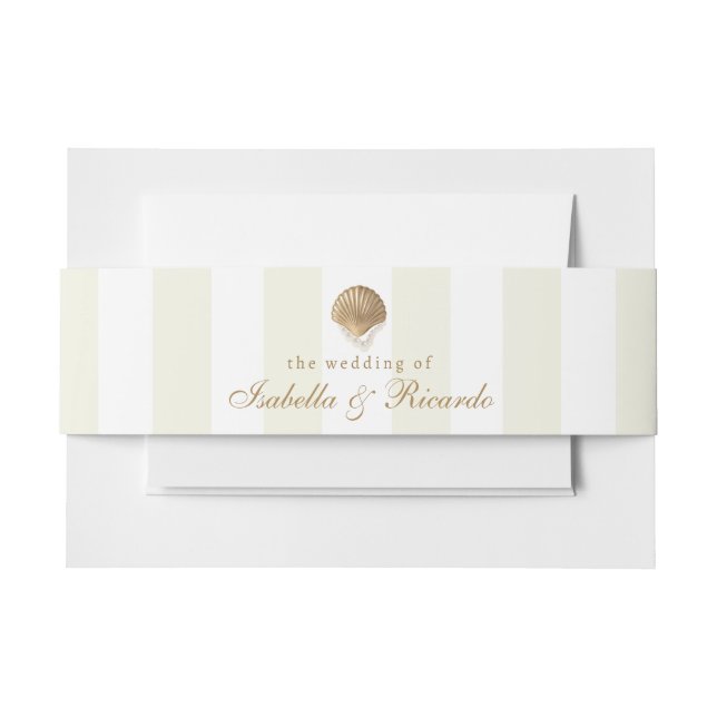 Yellow Stripes & Gold Seashell Coastal Wedding Einladungsbanderole (Vorderseite Beispiel)
