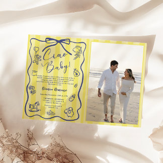 Yellow Stripes Italian Ciao Baby Shower Photo  Einladung