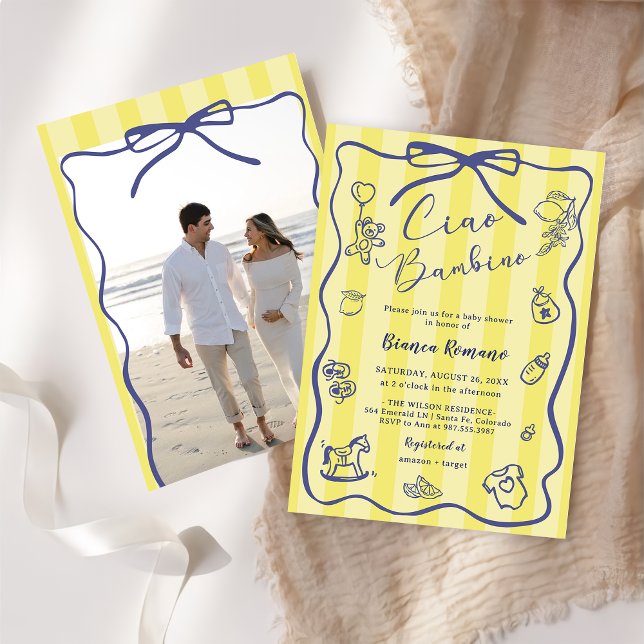 Yellow Stripes Italian Themed Ciao Bambino Photo  Einladung (Von Creator hochgeladen)