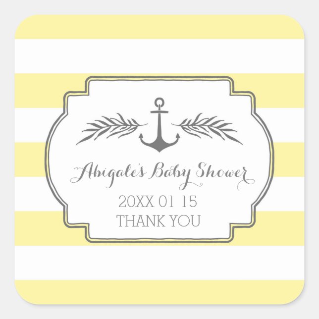 Yellow Stripes Nautical Baby Dusche Gefälligkeitsa Quadratischer Aufkleber (Vorderseite)