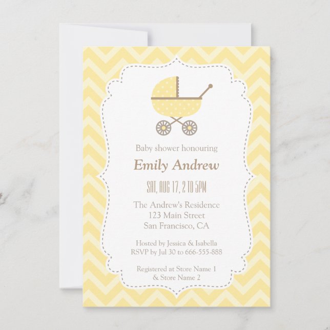 Yellow Stroller Modern Gender Neutral Baby Dusche Einladung (Vorderseite)