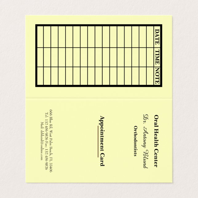 Yellow Stylish Dentist Appointment Card Visitenkarten (Außenseite Aufgefaltet)