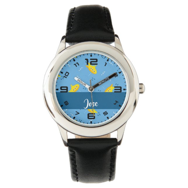 Yellow submarine and fish on blue armbanduhr (Vorderseite)