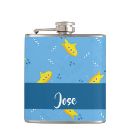Yellow submarine and fish on blue flachmann