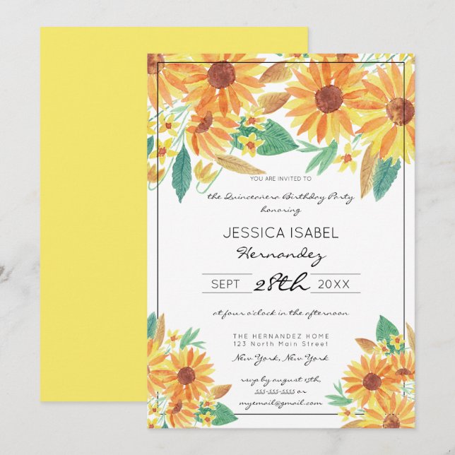 Yellow Summer Sunflower Wassercolor Quinceañera Einladung (Vorne/Hinten)