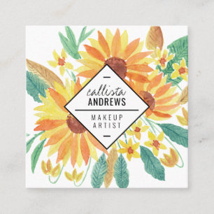 Yellow Summer Sunflower Watercolor Makeup Quadratische Visitenkarte