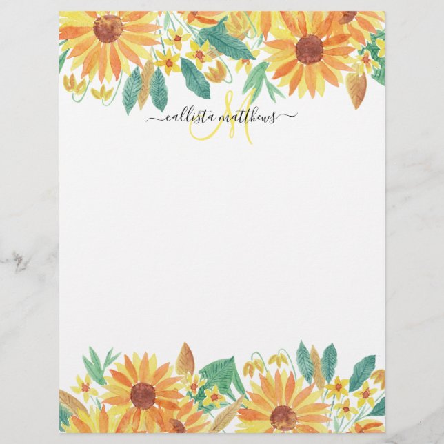 Yellow Summer Sunflower Watercolor Monogram Briefbogen (Vorderseite)
