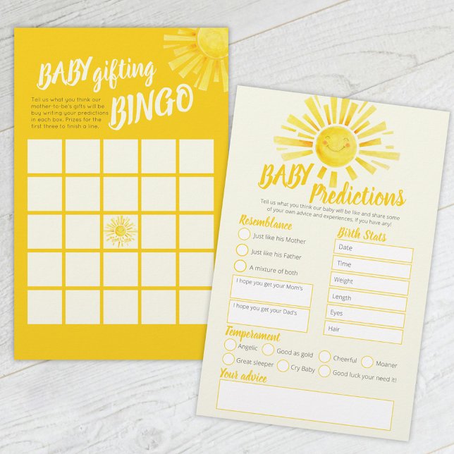 Yellow Sun Baby Dusche Vorhersage und Bingo Games Flyer (Von Creator hochgeladen)
