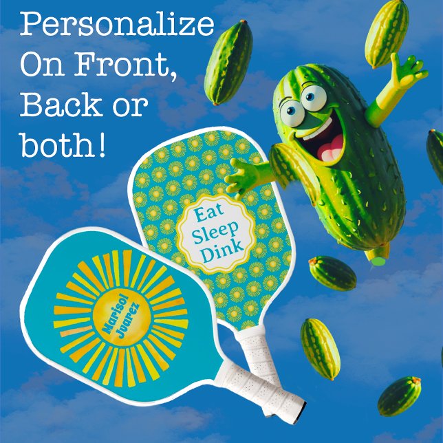 Yellow Sun Caribbean Blue Pickleball Paddel Schläger (Personalize both sides of this Caribbean Blue and golden retro sun designs with name or message!)