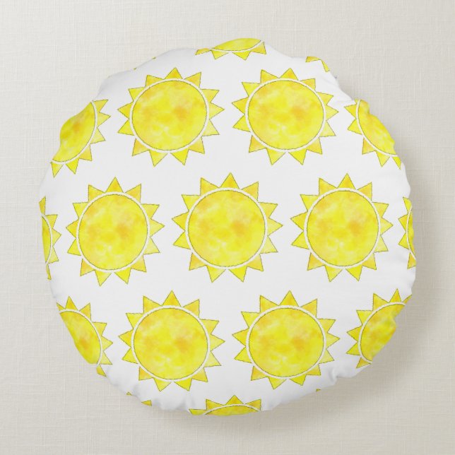 Yellow Sun Watercolor-Muster Rundes Kissen (Rückseite)