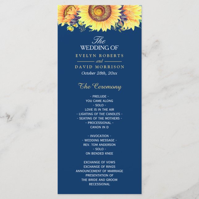 Yellow Sunblumen Rustic Navy Blue Wedding Programm (Vorderseite)
