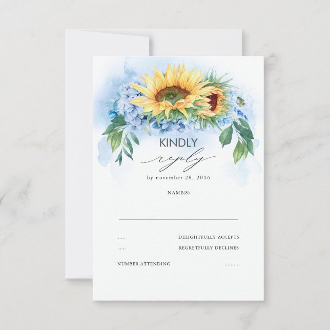 Yellow Sunblumen und Dusty Blue Hydrangea Wedding RSVP Karte (Vorderseite)