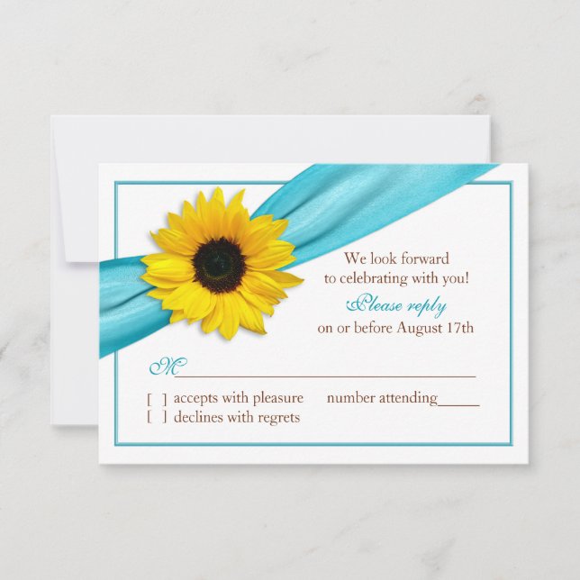 Yellow Sunflower Aqua Blue Ribbon Wedding RSVP (Vorderseite)