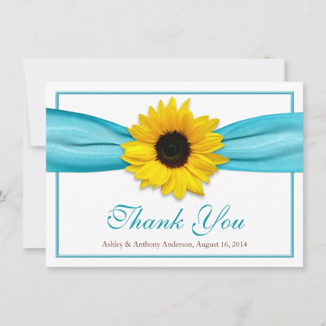 Yellow Sunflower Aqua Ribbon Wedding Danke (Vorderseite)