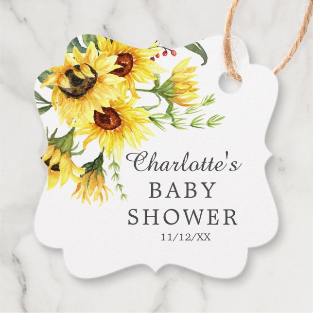 Yellow Sunflower Baby Dusche Gefallen Geschenkmark Geschenkanhänger (Rückseite)