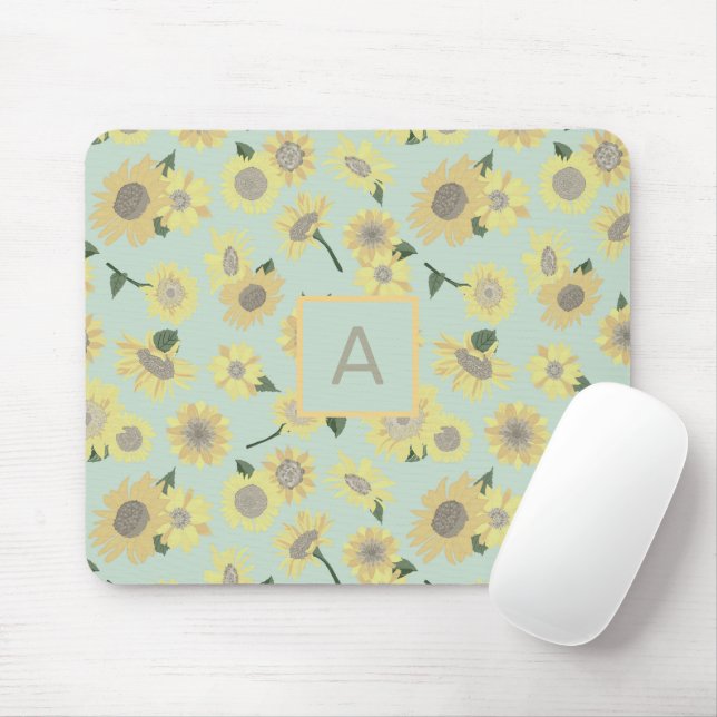 Yellow Sunflower Blue Floral Flower Monogram Mousepad (Mit Mouse)